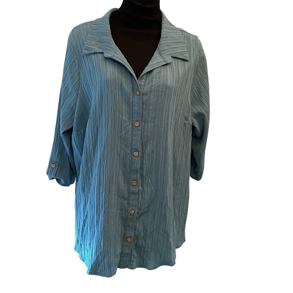 Naïf Womens 1X Denim Blue Crinkle Texture‎ Button Front 3/4 Sleeve Tunic Blouse